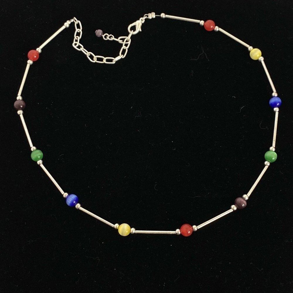 Colorful Laser Glass Bead and Silver Tone Bar Adjustible Length Necklace 16”-19”